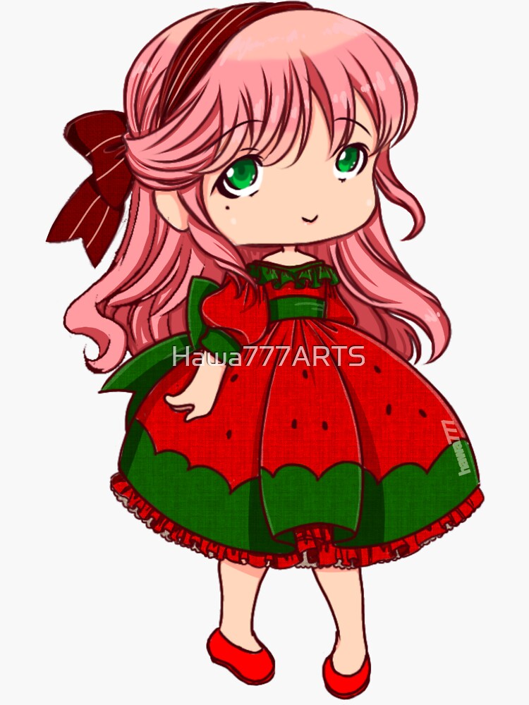 Thumbnail 3 of 3, Sticker, Chibi Watermelon Girl designed and sold by Hawa777ARTS.