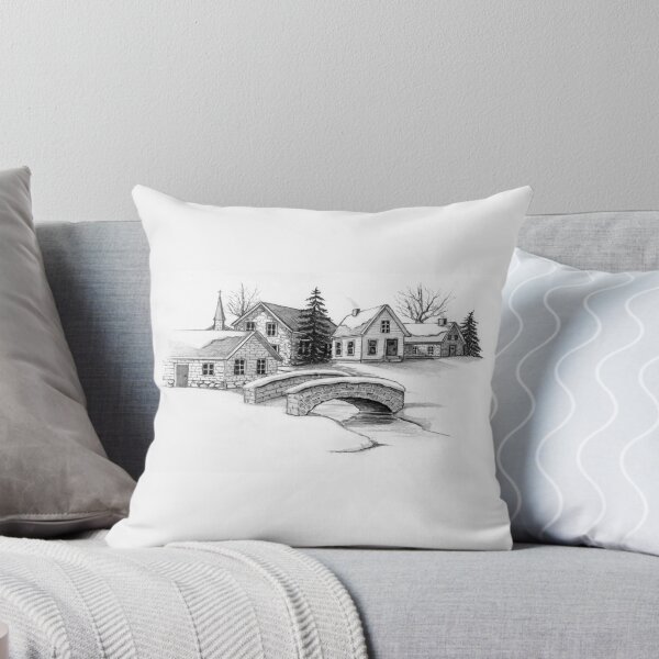 Item preview, Village in Winter Pencil Drawing Stone Buildings Snow designed and sold by JoyfulWhimsy.
