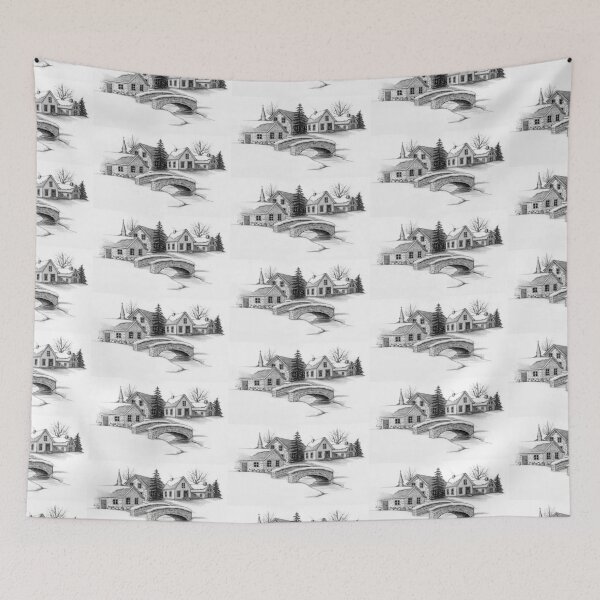 Item preview, Village in Winter Pencil Drawing Stone Buildings Snow designed and sold by JoyfulWhimsy.