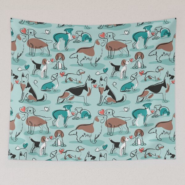 Item preview, Woof endless love // aqua background coral hearts continuous lined pair of dog breeds designed and sold by SelmaCardoso.