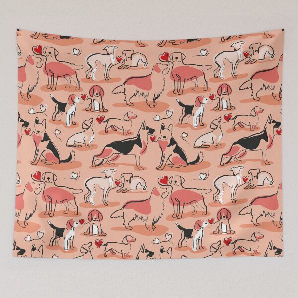 Item preview, Woof endless love // flesh coral background red hearts continuous lined pair of dog breeds designed and sold by SelmaCardoso.