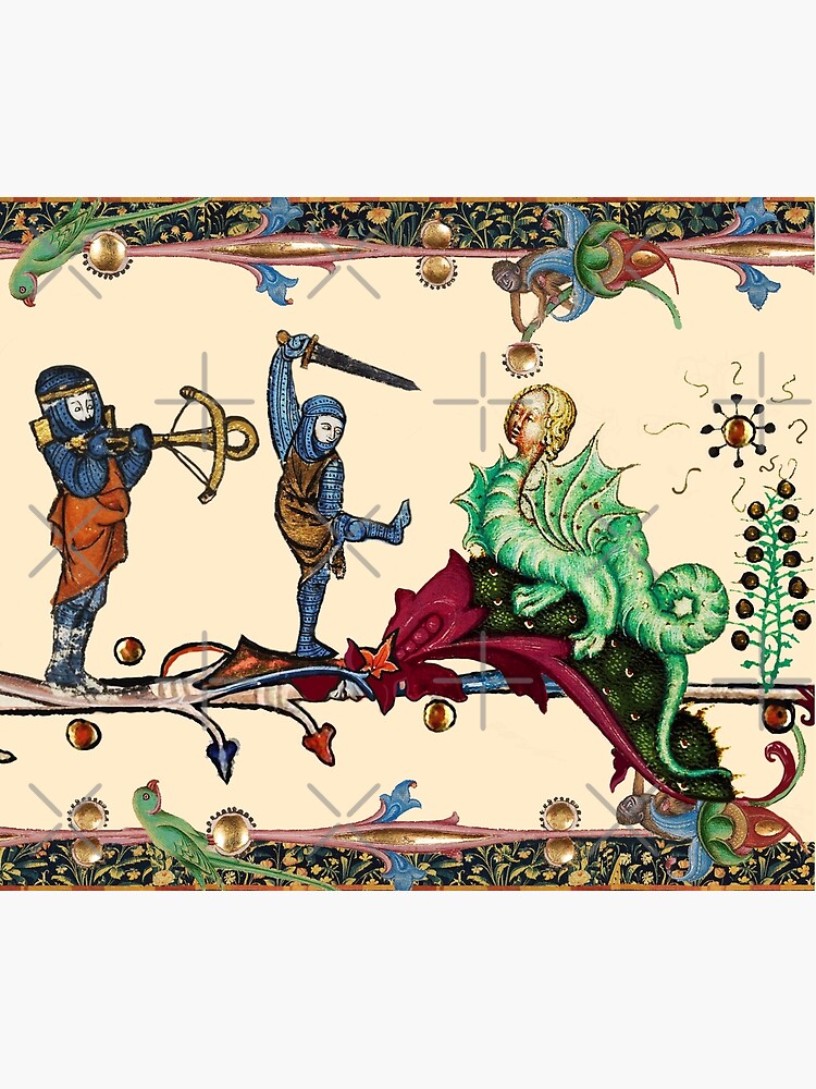 WEIRD MEDIEVAL BESTIARY WAR, KNIGHTS COMBATTING AGAINST HYBRID DRAGON  Tapestry