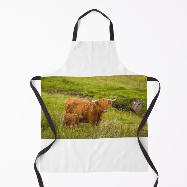 Item preview, Highland Cow and her calf together in a rough, green, grassy, Scottish highland field. designed and sold by SnapTPhotograph.