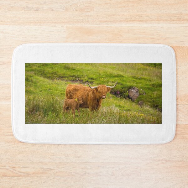 Item preview, Highland Cow and her calf together in a rough, green, grassy, Scottish highland field. designed and sold by SnapTPhotograph.