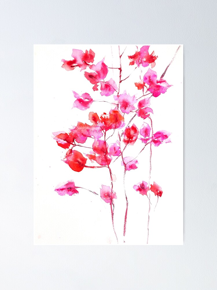 Póster «Pintura de flores de acuarela - ROSA - buganvillas rosas fuertes -  Pincelada de estilo japonés» de lyatee | Redbubble