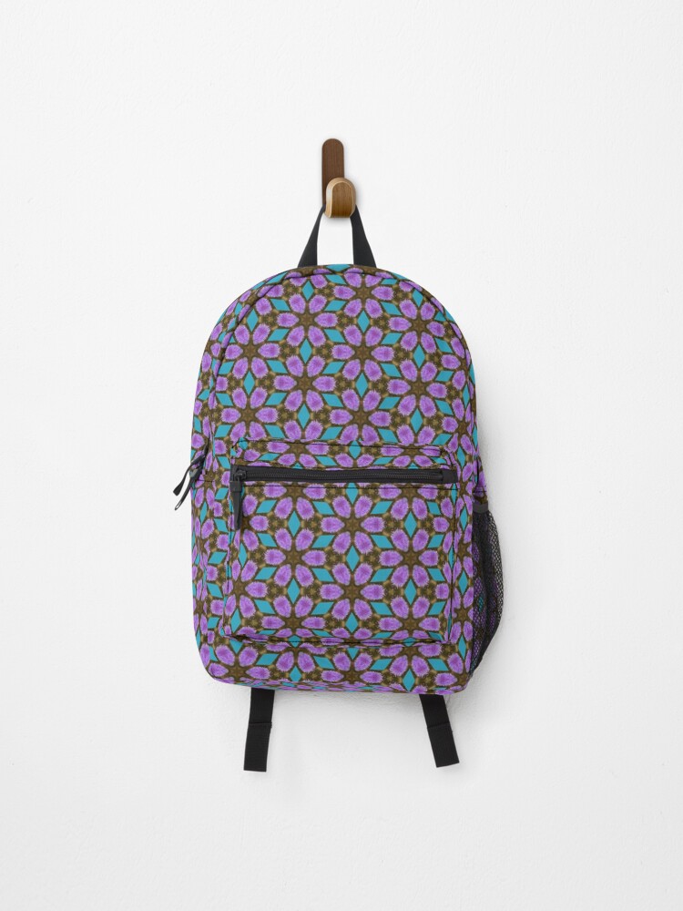 Thumbnail 1 of 3, Backpack, Purple, Teal, and Brown Geometric Repeating Pattern - Interlocking Circles and Stars designed and sold by RosieRiggs.