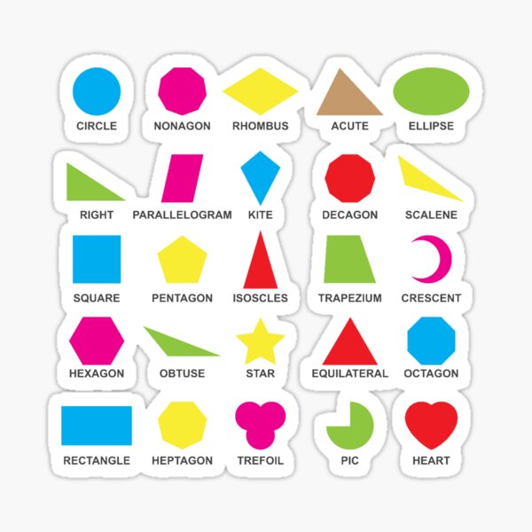 Geometric shapes: CIRCLE, NONAGON, RHOMBUS,  ACUTE,  ELLIPSE, RIGHT, PARALLELOGRAM, KITE, Decagon Sticker