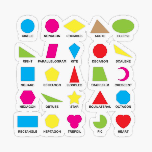 Geometric shapes: CIRCLE, NONAGON, RHOMBUS,  ACUTE,  ELLIPSE, RIGHT, PARALLELOGRAM, KITE, Decagon Transparent Sticker