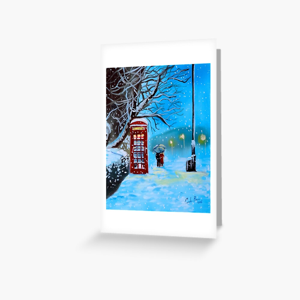 Snowy London red phone box painting by Gordon Bruce Greeting Card