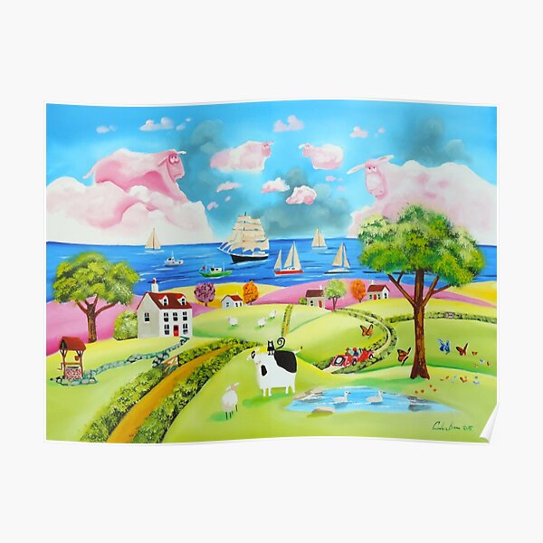 Folk art landscape painting with cow and sheep Poster