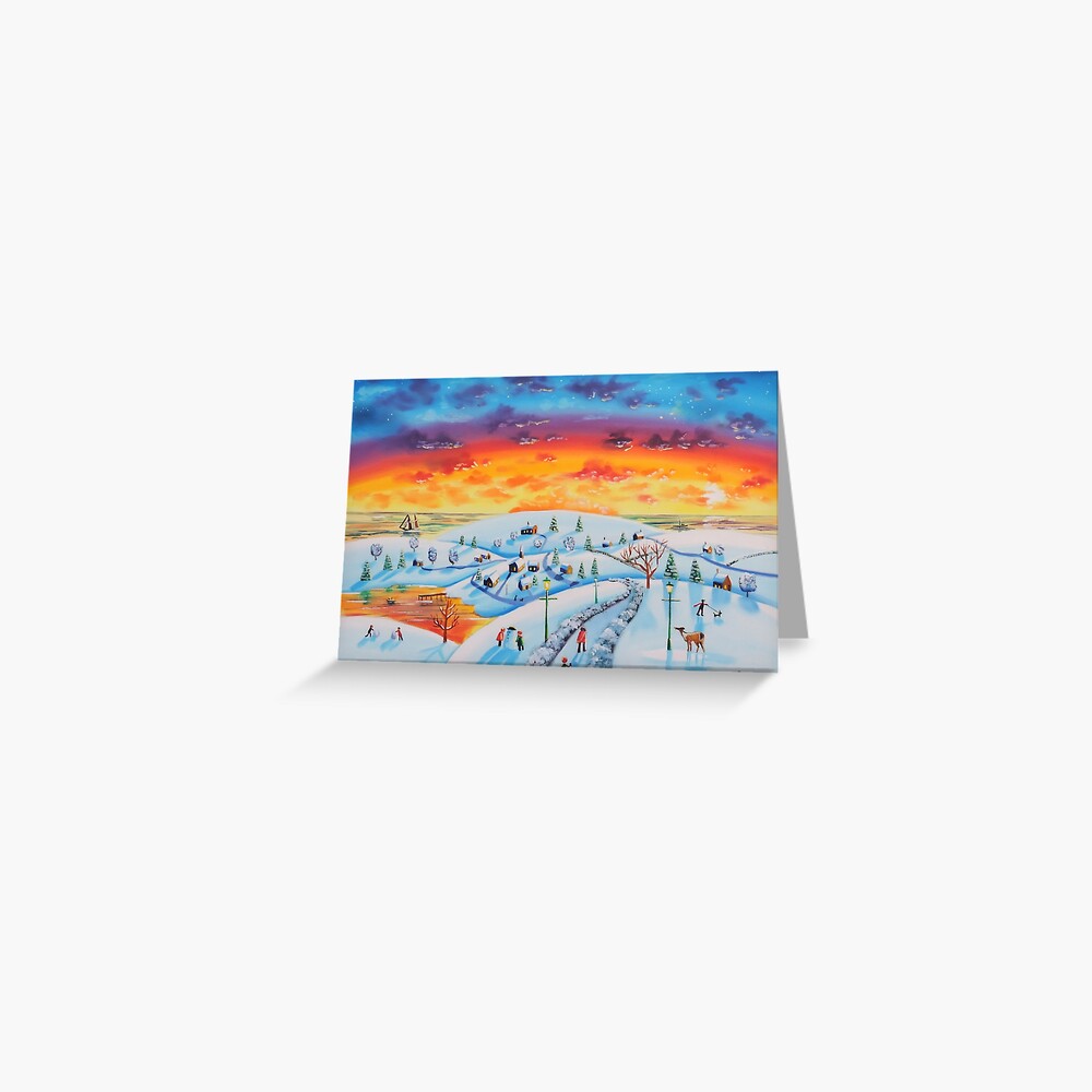 Winter town oil on canvas folk art Greeting Card