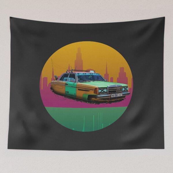 Item preview, Retrofuturistic hover taxi in front of a colorful city designed and sold by dominic0925.