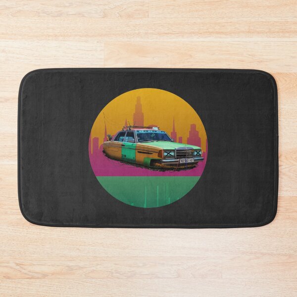 Item preview, Retrofuturistic hover taxi in front of a colorful city designed and sold by dominic0925.