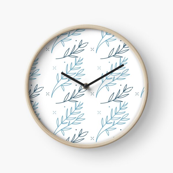 Abstract hand-drawn pattern with blue twigs.  Clock