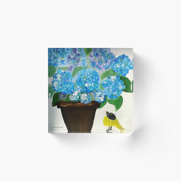 Blue Hydrangeas And Yellow Bird Acrylic Block