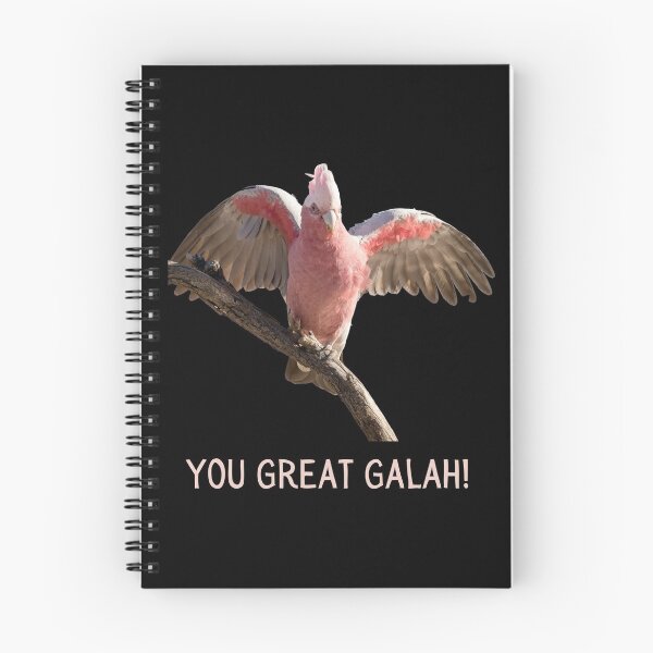 Item preview, You great galah! Photograph of pink and grey galah, black background, light colour text. designed and sold by JellyBeenzz.