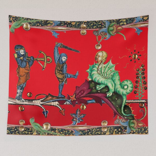 Item preview, WEIRD MEDIEVAL BESTIARY  WAR, KNIGHTS COMBATTING AGAINST HYBRID DRAGON IN RED designed and sold by BulganLumini.