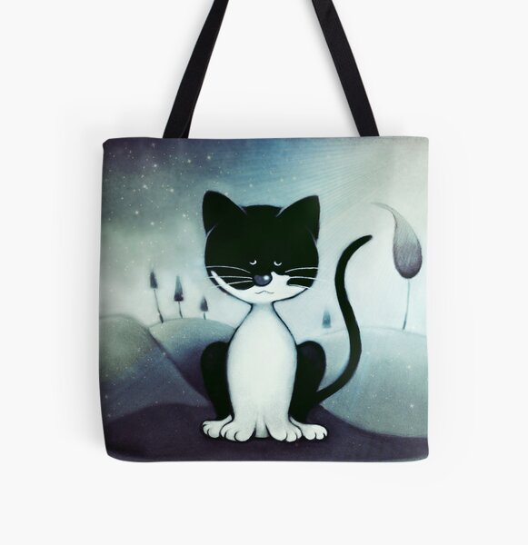 Black and White Cartoon Cat All Over Print Tote Bag