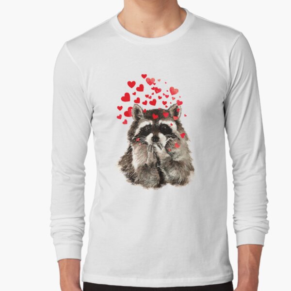 Cute Watercolor Raccoon Blowing Kisses & Hearts Long Sleeve T-Shirt