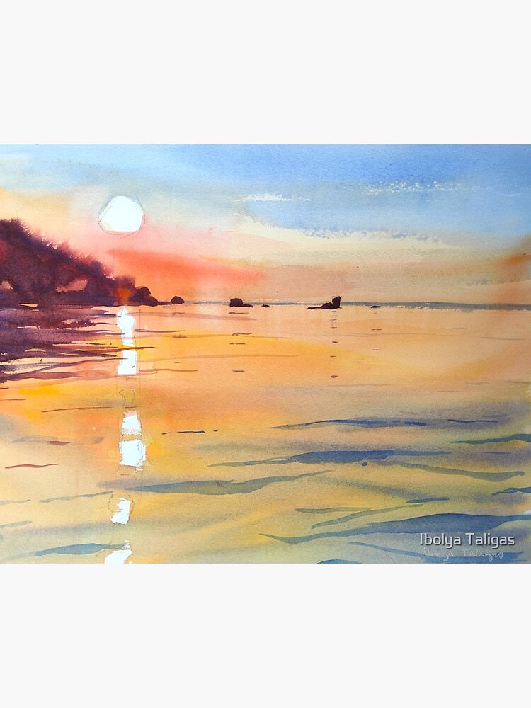 Lake Sunset Painting, Blue Landscape Watercolor Painting, Or