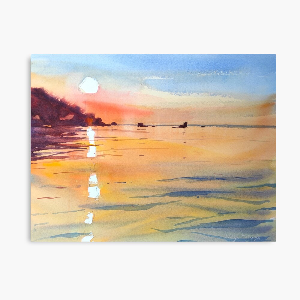 Watercolour landscape painting - SUNSET | Board by water Malawi over Ibolya Redbubble - warm Lake reflecting for colours\