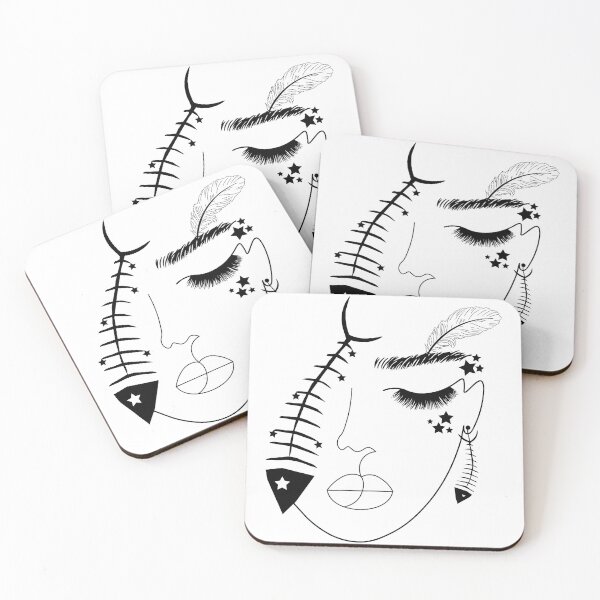 Item preview, One line girl with fish skeleton, black lines girl with animal skull fantasy design designed and sold by KissedbyArt.