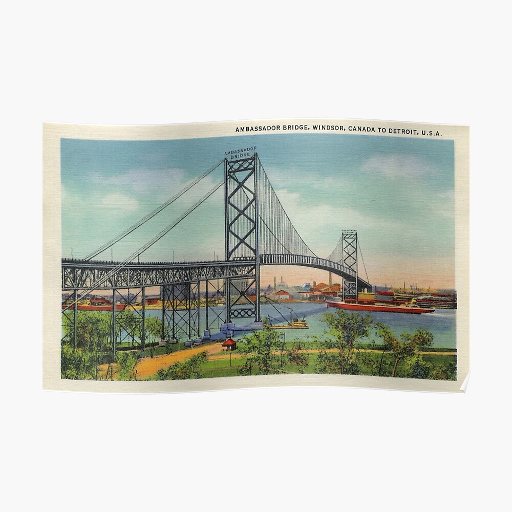 Retro vintage Ambassador Bridge Windsor Canada to Detroit USA