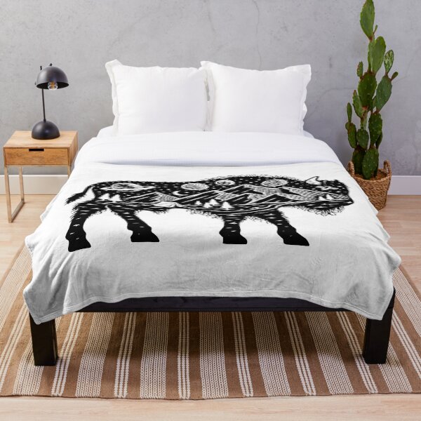 Surreal Buffalo Bison with Mountains, Planets and Stars Wanderlust Graphic Tee Throw Blanket