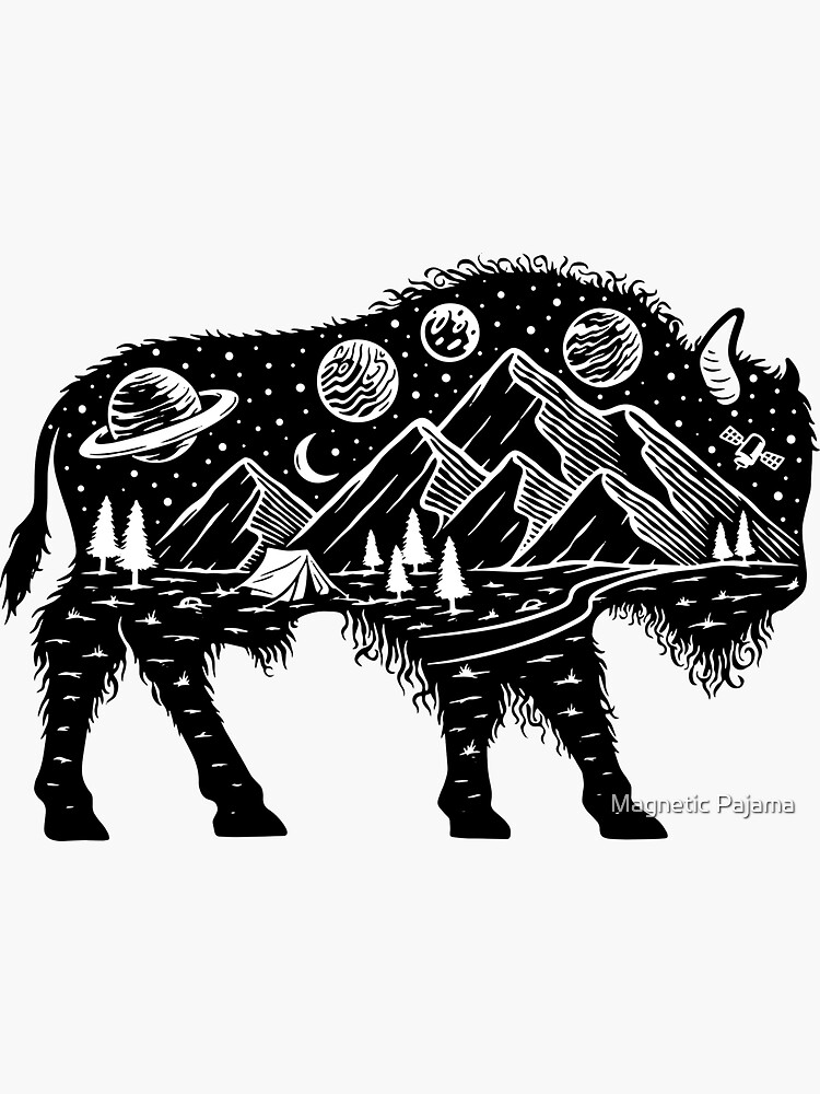 Surreal Buffalo Bison with Mountains, Planets and Stars Wanderlust Graphic Tee by MagneticMama