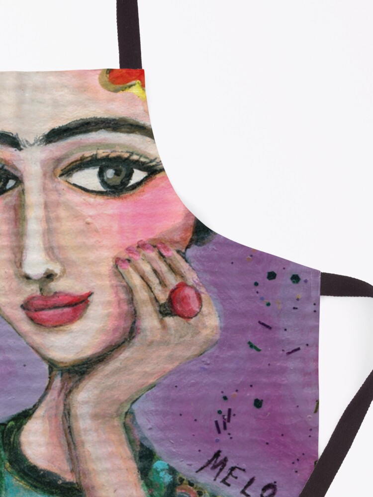 Alternate view of Happy Frida Kahlo Portrait with purple background Apron