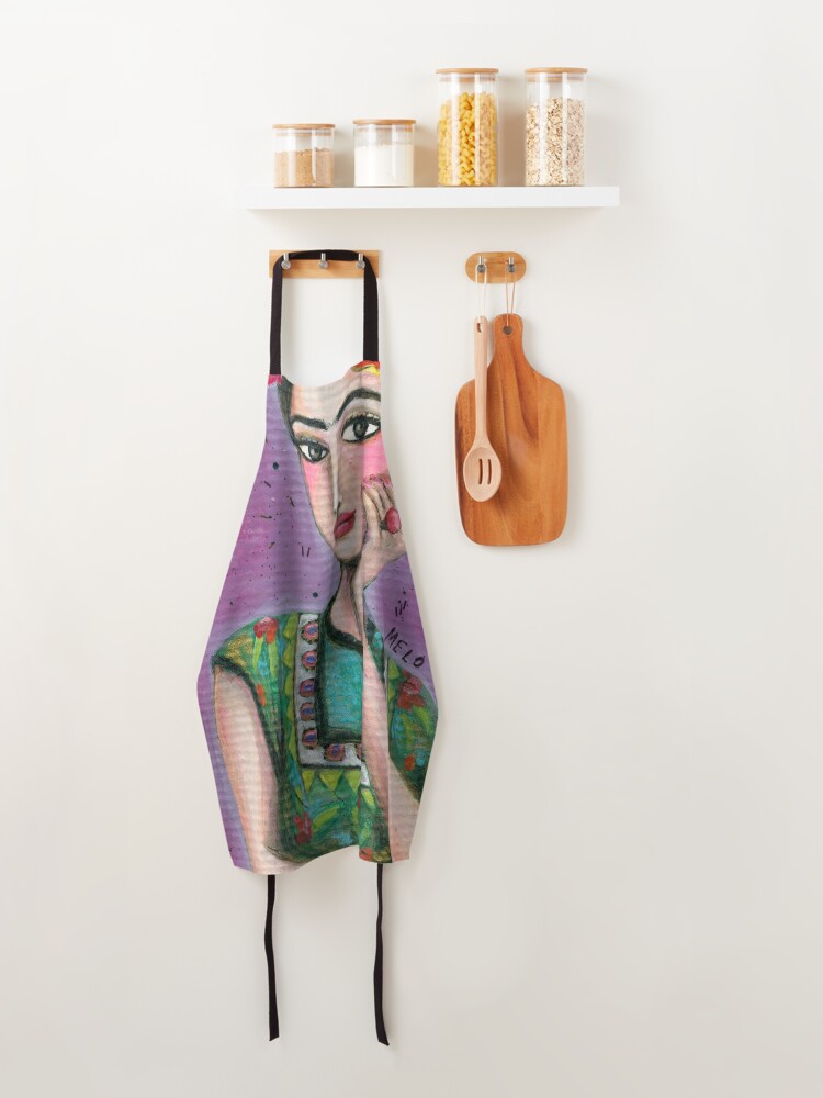 Alternate view of Happy Frida Kahlo Portrait with purple background Apron