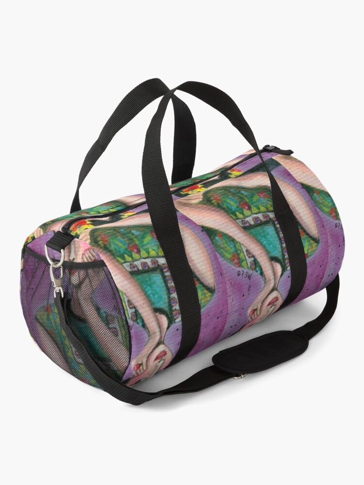 Alternate view of Happy Frida Kahlo Portrait with purple background Duffle Bag
