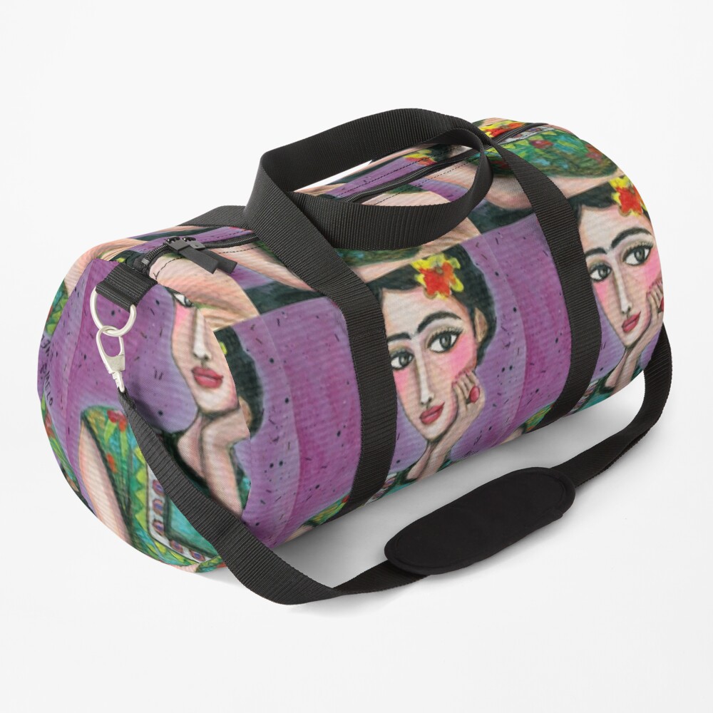 Happy Frida Kahlo Portrait with purple background Duffle Bag