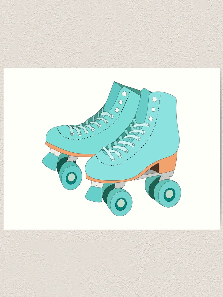 "Vintage Blue Roller Skates Illustration with Outline" Art Print by