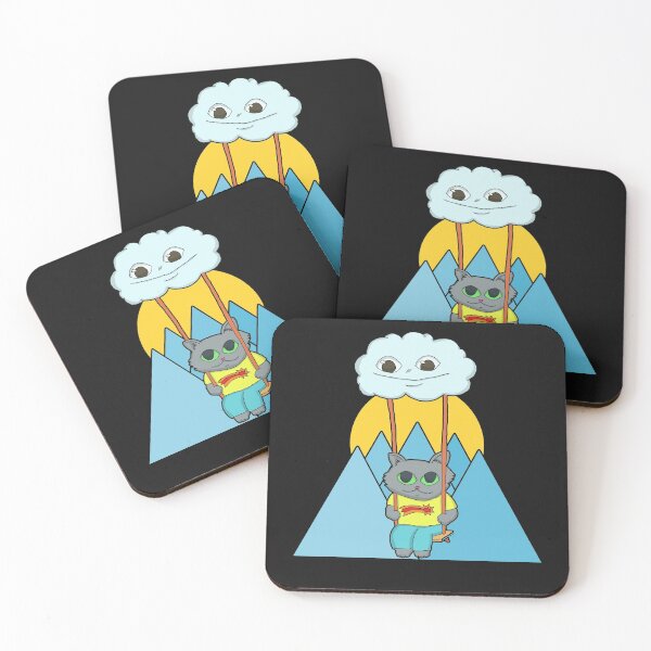 Item preview, Kawaii Gray Cat On A Cloud Swing and blue mountain sunset designed and sold by Chubuter.