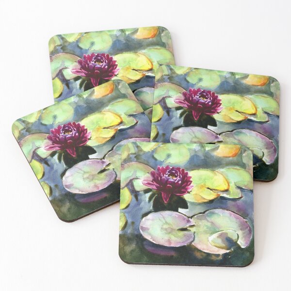 Item preview, dark red water lily with leaves in dark water, watercolor drawing from nature designed and sold by avamnenado.