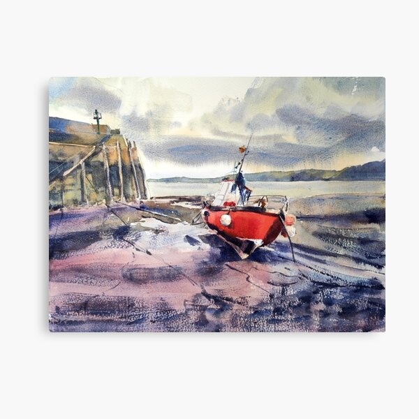 Item preview, CLOVELLY HARBOUR - watercolour seascape painting - grey, red - expressionism designed and sold by lyatee.
