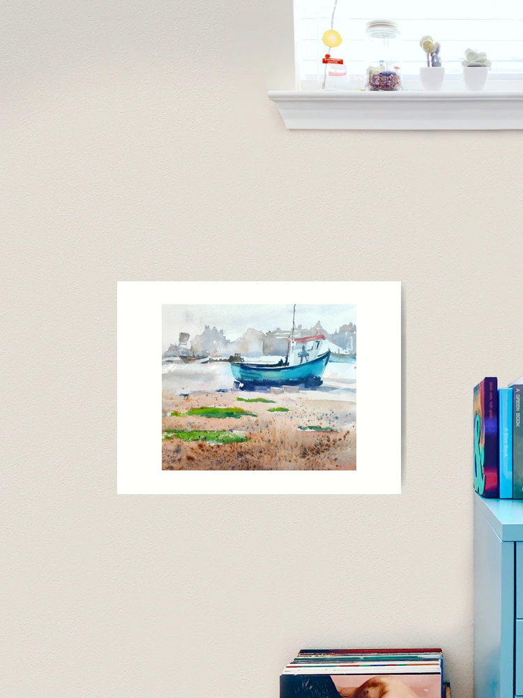 Fishing Boat at Aldeburgh - Watercolour landscape painting - quiet beach  with blue boat - impressionism Art Print for Sale by Ibolya Taligas