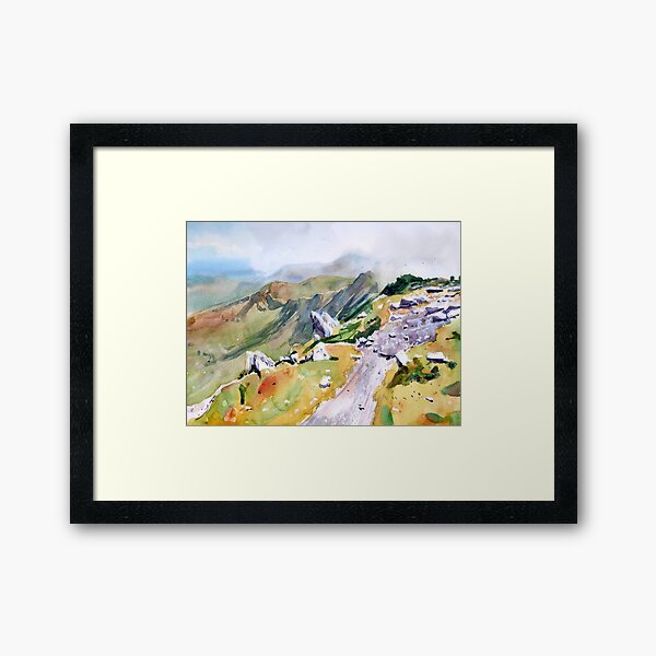Snowdonia mountain path - Watercolour landscape painting - mountain summit - rocky mountain path Framed Art Print