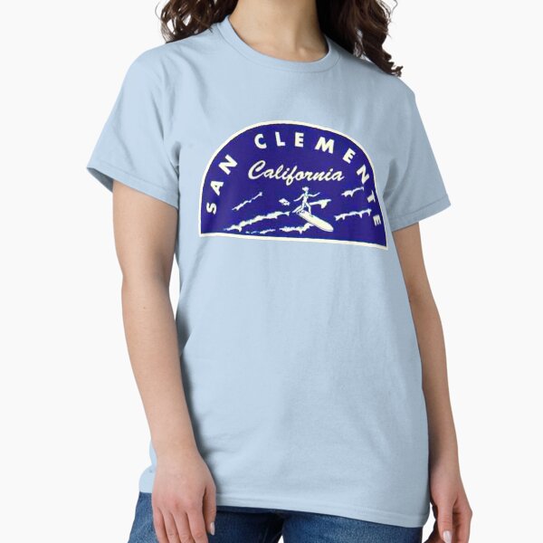 Item preview, SAN CLEMENTE CALIFORNIA STICKER AND SURFING SHIRT designed and sold by Discohipster.