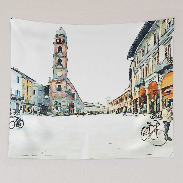 Item preview, Square with tower and cyclists designed and sold by Giuseppe Cocco.