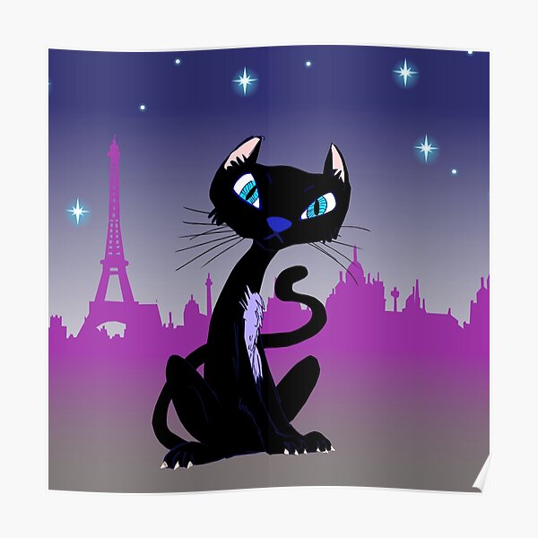 Parisian Cat at Night Poster