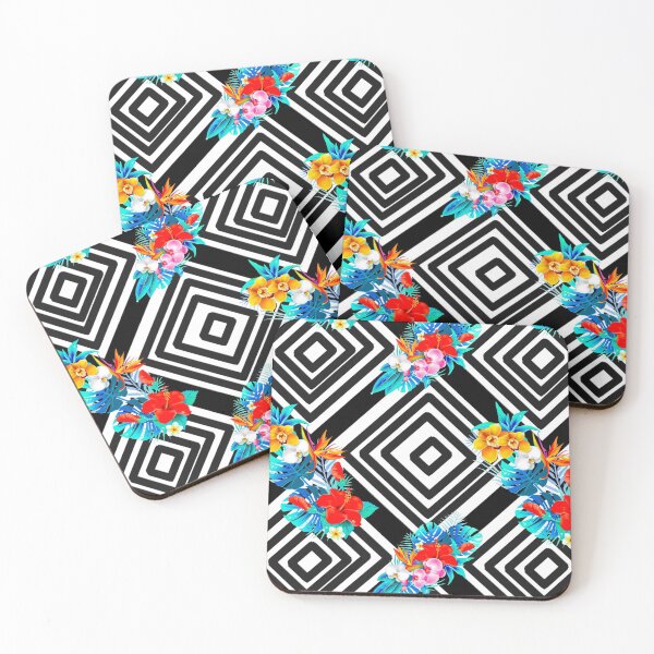 Item preview, Tropical flowers Black and white Geometric shapes,squares ,boho pattern  designed and sold by MariaMarinova.