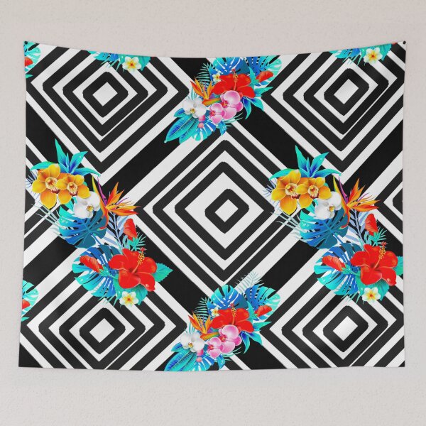 Item preview, Tropical flowers Black and white Geometric shapes,squares ,boho pattern  designed and sold by MariaMarinova.