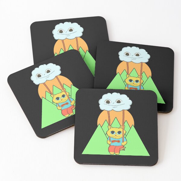 Item preview, Kawaii Yellow Cat On A Cloud Swing and green mountain sunset designed and sold by Chubuter.