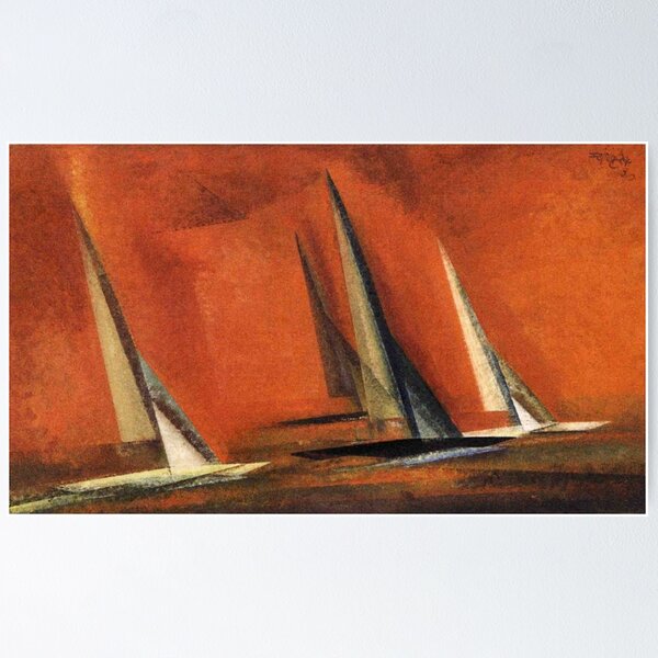 Item preview, Red Skies Dawn and Sailboats nautical, maritime landscape coastal painting by Lyonel Feininger designed and sold by Jéanpaul  Ferro.