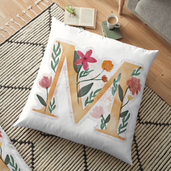 M with Watercolor Flowers Floor Pillow