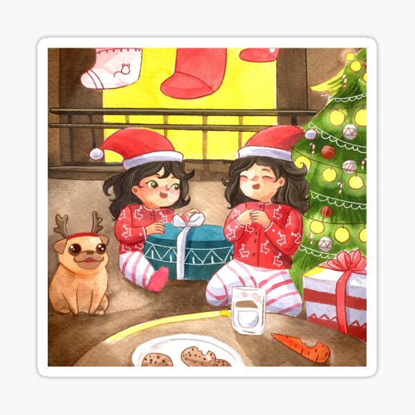 Christmas Morning Presents with Mom, Daughter, and Family Dog Watercolor Painting Sticker