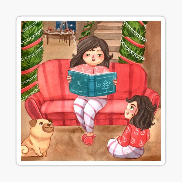 Mom Reading Christmas Stories to Daughter and Family Dog Watercolor Art Sticker