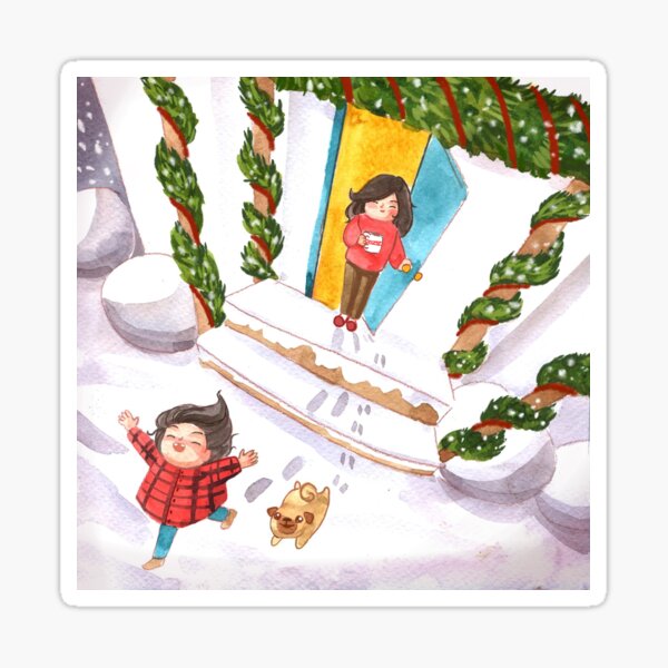 Christmas Winter Fun Outdoors with Mom, Daughter, and Family Dog Sticker